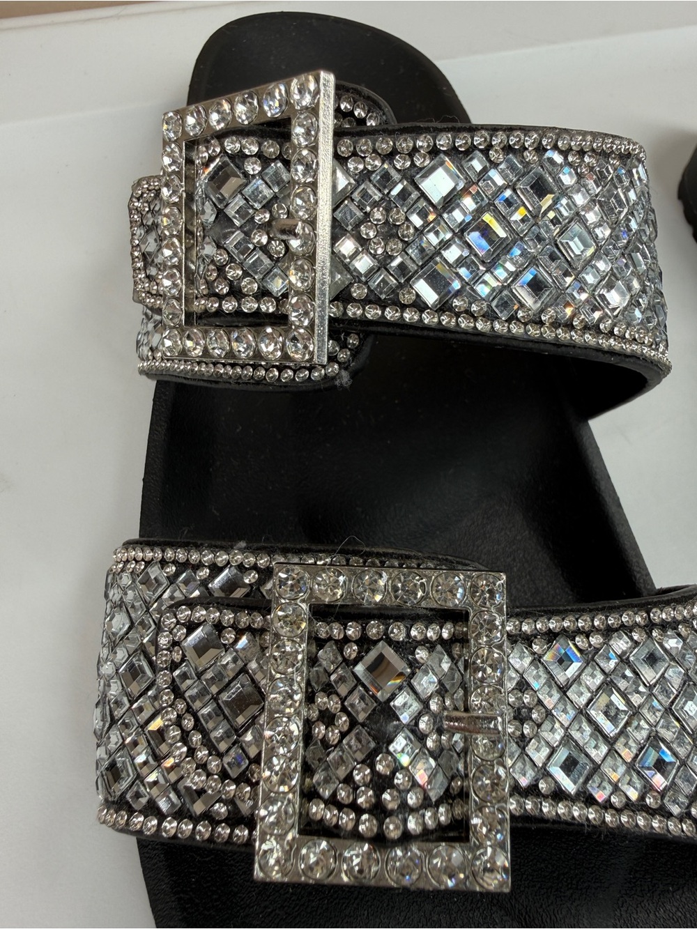 Madden NYC Rhinestone Double Buckle Slide Sandals Black Silver Women’s 6 - Picture 8 of 12